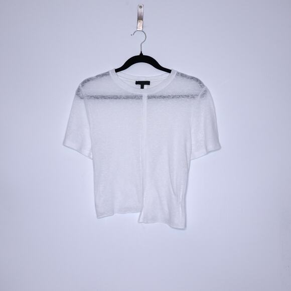 Range Tops - THE RANGE Linen Blend Crew Neck Tee White Asymmetrical Hem T-Shirt Women's S